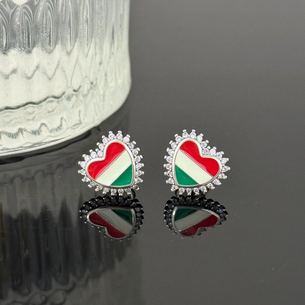 Hungary Flag Earrings Heart bling S925 Sterling Silver Handmade Ear Stud